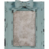 Vintage stílusú, masnival díszített, szürkéskék színű antikolt asztali-fali fényképtartó